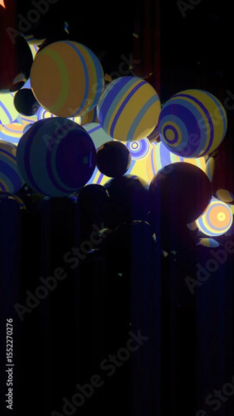 Fototapeta Illustration consisting of many floating spheres in dark space with bright flashes of energy. 3d rendering