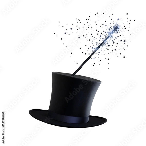 Fototapeta A classic black magician's hat with sparkling magic effects, evoking a whimsical and enchanting atmosphere. Isolated on transparent white background, png	
