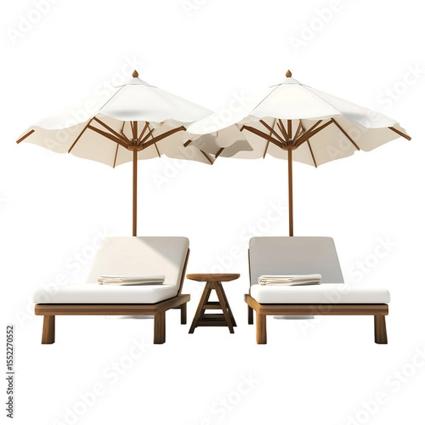 Fototapeta Two sun loungers with white cushions and umbrellas create a relaxing poolside retreat. Isolated on transparent white background, png	
