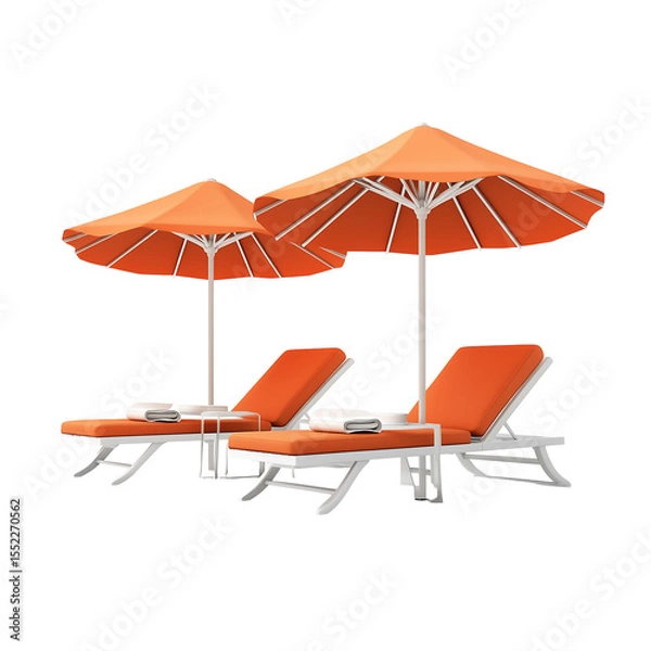 Fototapeta Relaxing beach scene with vibrant orange lounge chairs and umbrellas. Isolated on transparent white background, png	
