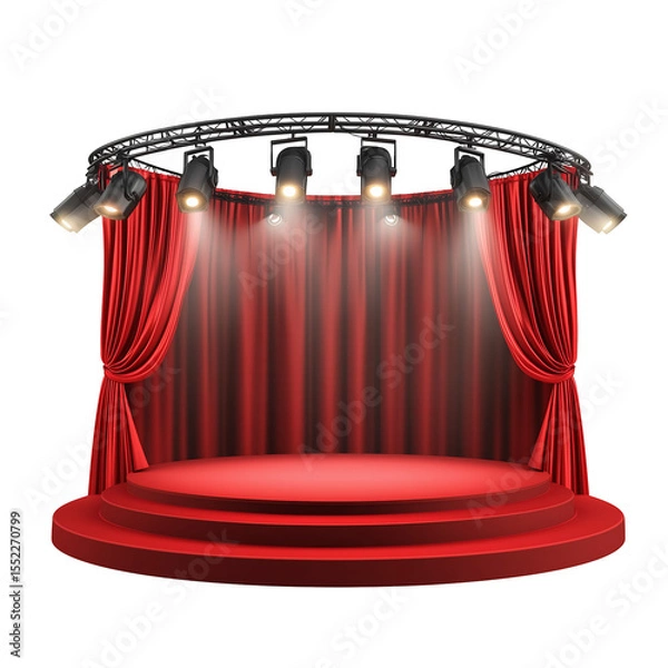 Fototapeta A vibrant red stage with curtains and spotlights ideal for performances and events. Isolated on transparent white background, png	