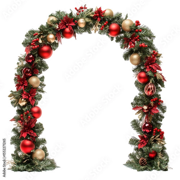 Fototapeta A festive holiday arch adorned with red and gold ornaments and vibrant greenery. Isolated on transparent white background, png	