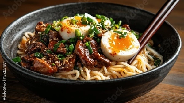 Fototapeta A beautifully arranged bowl of ramen topped with eggs and greens, presenting a delectable mixture that represents culinary artistry and the joy of sharing meals with loved ones.