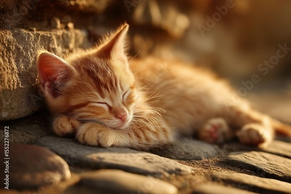 Fototapeta Small orange tabby kitten sleeping peacefully, relaxed pose with paws stretched, fur glowing in soft sunligh