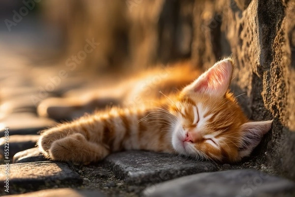 Fototapeta Small orange tabby kitten sleeping peacefully, relaxed pose with paws stretched, fur glowing in soft sunligh