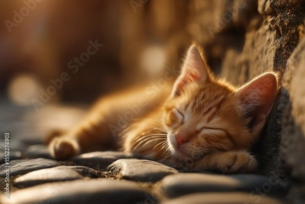 Fototapeta Small orange tabby kitten sleeping peacefully, relaxed pose with paws stretched, fur glowing in soft sunligh