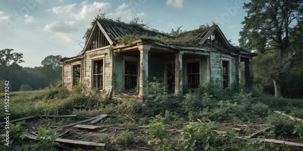 Obraz Photograph of a lost house covered with vegetation, with empty space for text.