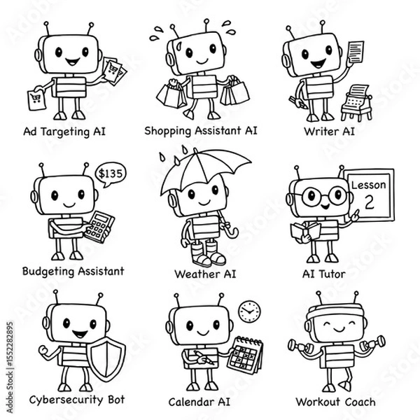 Obraz Set of 9 cute hand-drawn robot characters representing various AI technologies