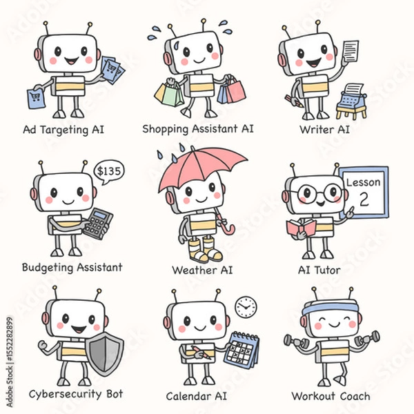 Obraz Set of 9 cute hand-drawn robot characters representing various AI technologies