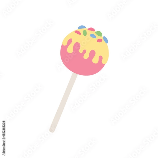 Obraz Sweet cute pink lollipop on stick in cartoon style. Single glossy pink round candy. Vector illustration