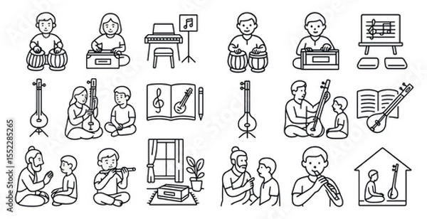 Fototapeta Series of drawings of people playing instruments and reading books. Scene is one of learning and creativity