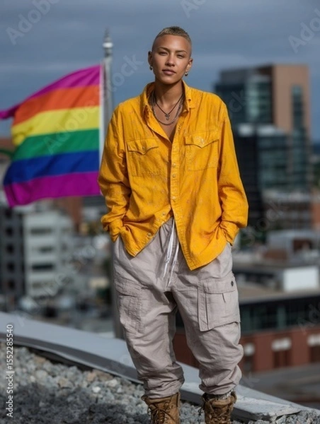 Fototapeta Confident person standing outdoors on rooftop with rainbow pride flag in cityscape background during daytime