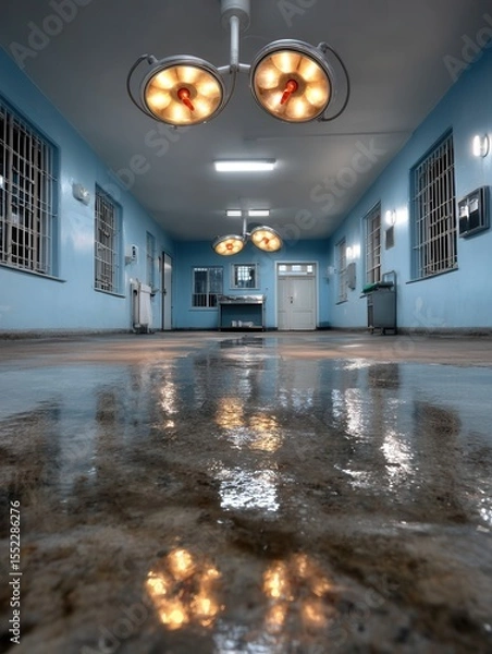 Fototapeta Empty surgical operating room with bright overhead lights and reflective floor, sterile medical environment