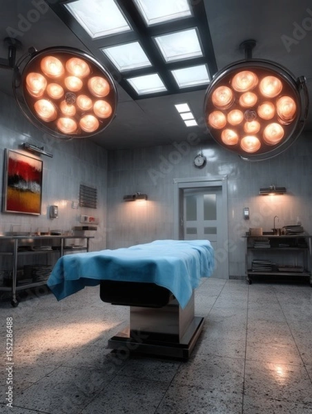 Fototapeta Modern surgical operating room with surgical table and overhead lights in hospital or clinic setting