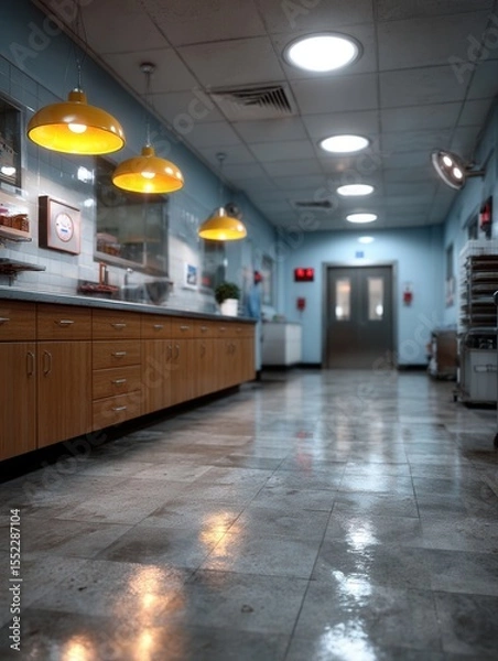 Fototapeta Empty Restaurant Kitchen with Warm Pendant Lighting and Shiny Tiled Floor