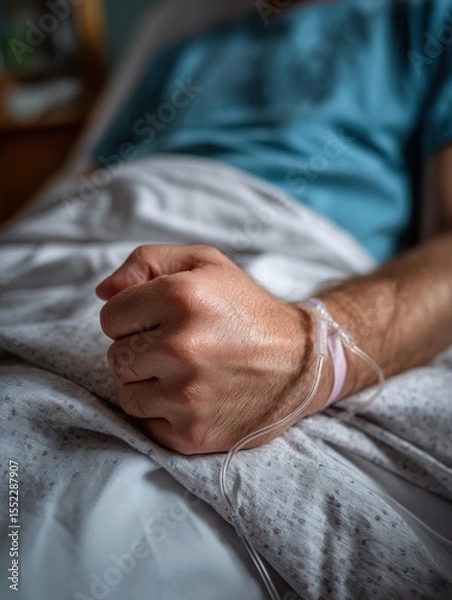 Fototapeta Close-up of a patient's hand resting with IV line attached in a hospital bed, showing medical care and recovery
