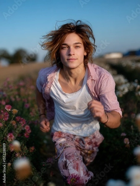 Fototapeta Young man running through a colorful flower field at sunset, enjoying nature and outdoor activity