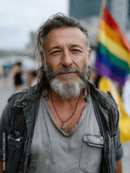 Fototapeta Aging Man with Beard at Pride Parade Holding Rainbow Flag, Expressing Confidence and Pride