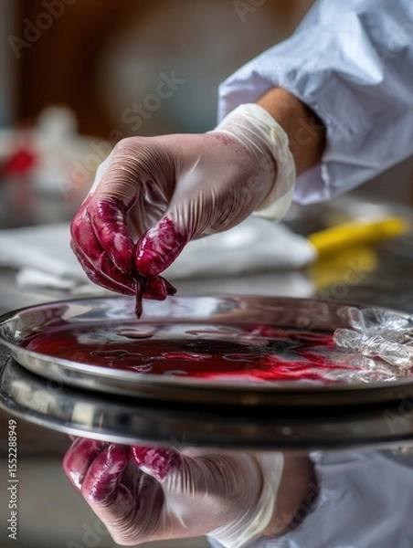 Fototapeta Chef Handling Food with Bloody Gloved Hands in a Kitchen or Laboratory Setting