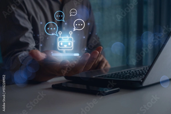 Fototapeta Businessman uses smartphone and laptop to interact with AI chatbot, symbolizing virtual assistant technology, digital communication, customer support, and artificial intelligence in modern business.