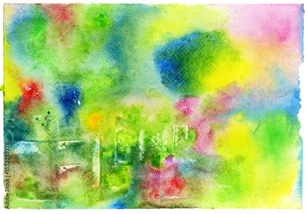 Fototapeta Vibrant abstract watercolor background Green yellow dominate chaotic color blends with seamless transitions. Painted wet-on-wet on textured paper. Full coverage, no white space. Experimental art piec