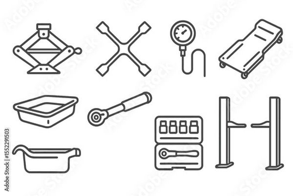 Obraz Auto Repair Icons. Line style icons of auto repair tools: car jack, lug wrench, tire pressure gauge, creeper. oil pan, torque
