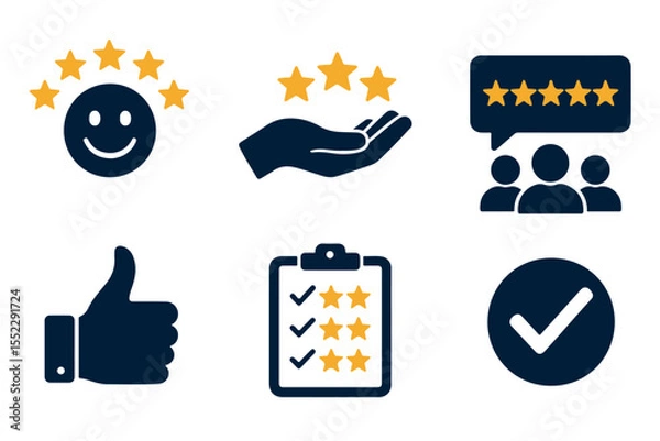 Fototapeta Icons for customer satisfaction, reviews, and feedback 5 star ratings, hand gestures, checklists, and group reviews graphics icon set