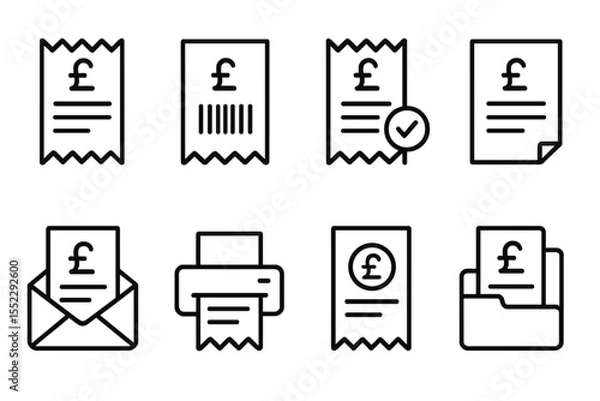 Fototapeta Shopping Receipt Icons. Line style icons of shopping receipts and tracking: order number, barcode receipt, delivery status, order