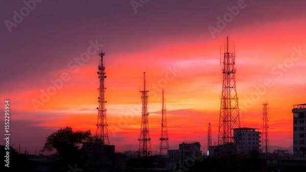 Fototapeta Sunset skyline with silhouetted communication towers. Neural network AI generated