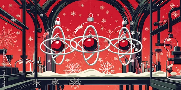 Fototapeta Science Inspired Holiday Scene with Red Atom Models

