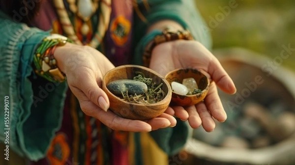 Obraz Close-up of shaman's hands holding dried medicinal herbs and sacred stones, 
