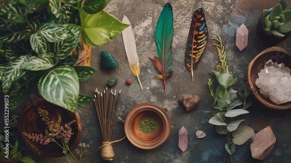 Obraz Collection of sacred shamanic tools laid out on an altar, feathers, crystals, and incense, 