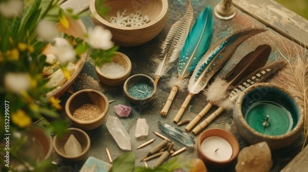 Obraz Collection of sacred shamanic tools laid out on an altar, feathers, crystals, and incense, 