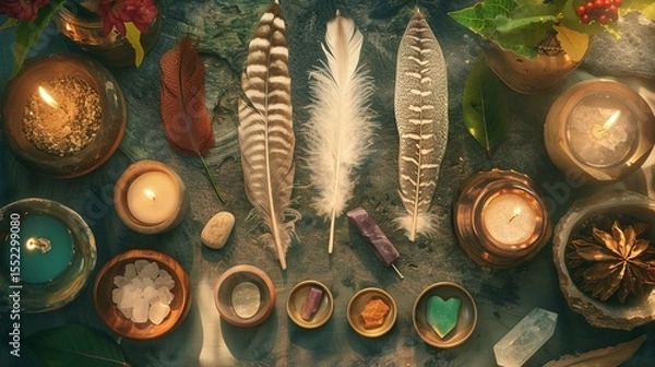 Obraz Collection of sacred shamanic tools laid out on an altar, feathers, crystals, and incense, 