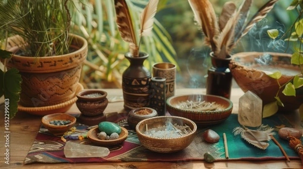 Obraz Collection of sacred shamanic tools laid out on an altar, feathers, crystals, and incense, 