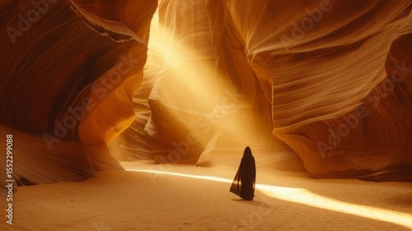 Obraz Desert shaman walking through an ancient canyon, warm glowing sunset,