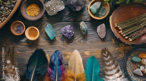 Obraz Collection of sacred shamanic tools laid out on an altar, feathers, crystals, and incense,