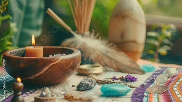 Obraz Collection of sacred shamanic tools laid out on an altar, feathers, crystals, and incense