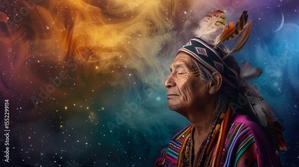 Obraz Psychedelic vision of a shaman in deep meditation, colorful aura and cosmic background, 