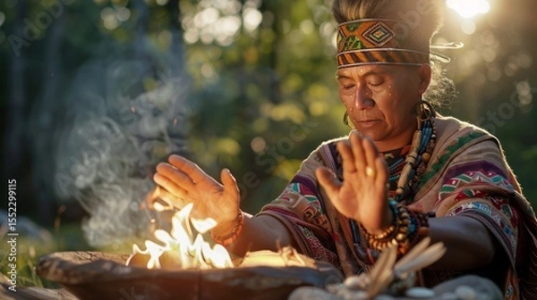 Obraz Shaman dressed in traditional tribal attire, chanting around a crackling fire, 