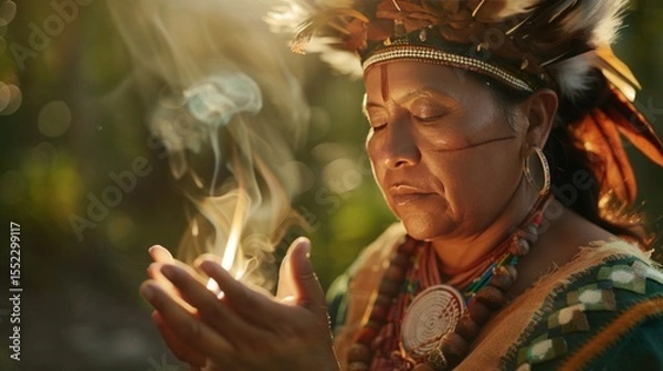 Obraz Shaman dressed in traditional tribal attire, chanting around a crackling fire, 