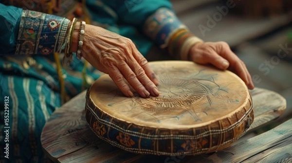 Obraz Shaman playing a hand-carved drum, close-up of their weathered hands, 