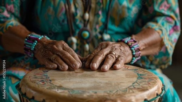 Obraz Shaman playing a hand-carved drum, close-up of their weathered hands,