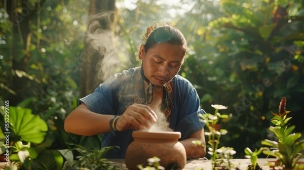 Obraz Shaman preparing ayahuasca brew in a jungle setting, steam rising from a clay pot, 