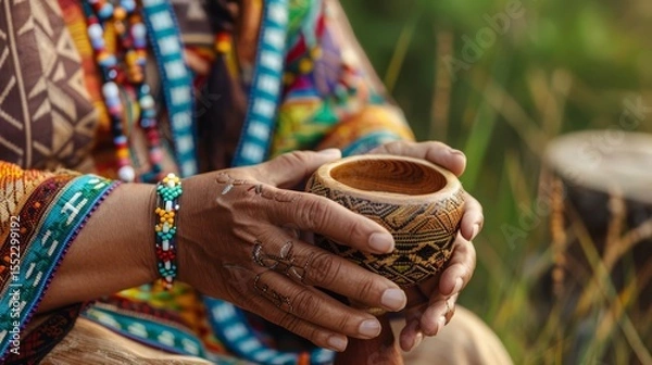 Obraz Shaman shaking a ceremonial rattle, intricate beadwork details,