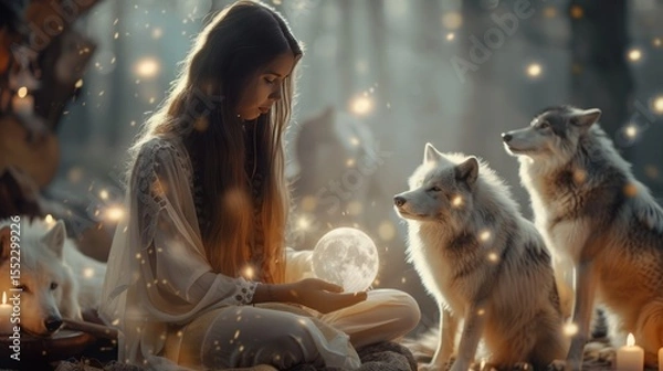 Obraz Shaman summoning animal spirits, glowing ethereal wolves and owls circling,