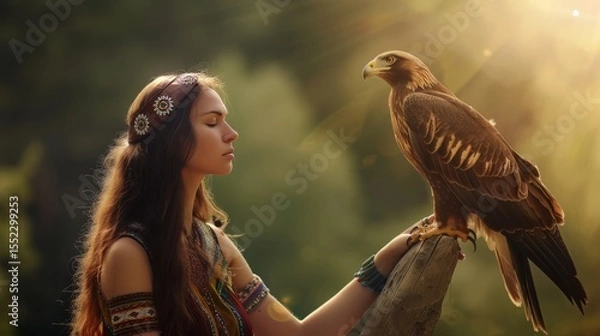 Obraz Shaman with a majestic eagle perched on their arm, deep connection,