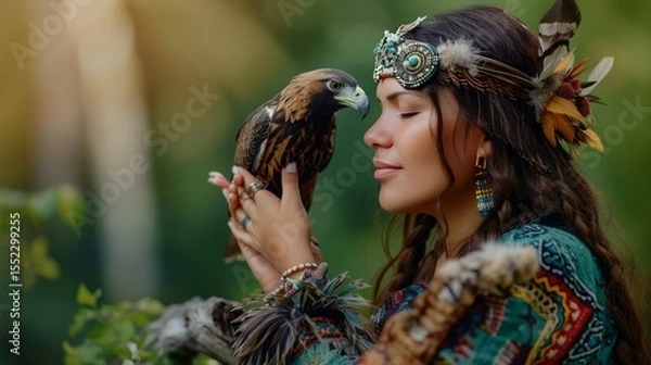 Obraz Shaman with a majestic eagle perched on their arm, deep connection, 