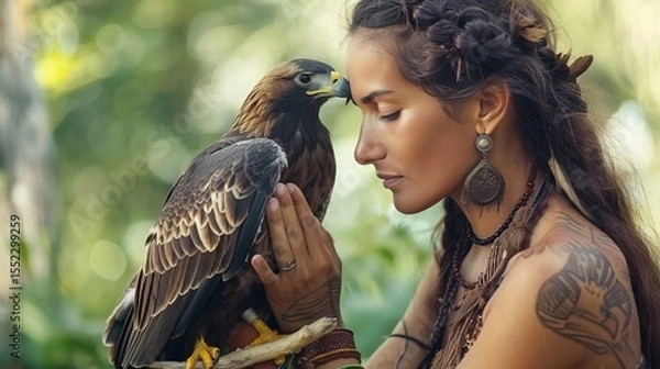Obraz Shaman with a majestic eagle perched on their arm, deep connection, 