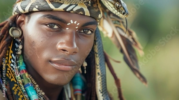 Obraz Shaman with a snake wrapped around their shoulders, piercing gaze, 